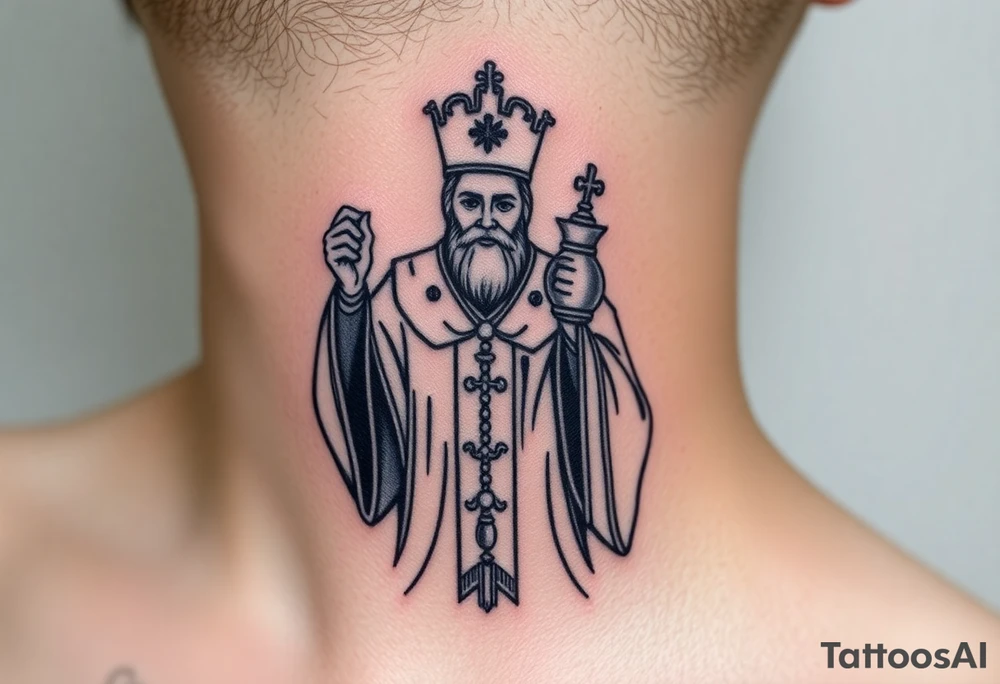 Russian orthodox priest in a detailed vestment swinging censer chains tattoo idea