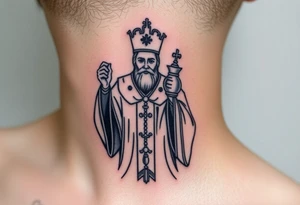 Russian orthodox priest in a detailed vestment swinging censer chains tattoo idea