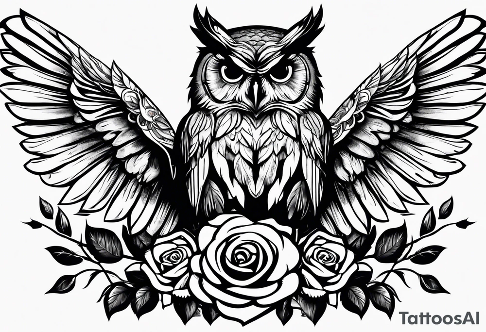 An owl, a rose, a paw print tattoo idea