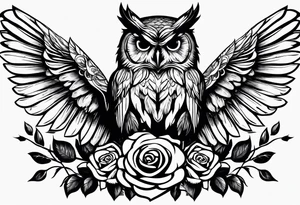 An owl, a rose, a paw print tattoo idea