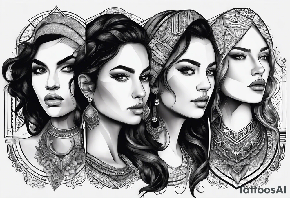 Three women's faces next to each other. The woman on the left a young woman18yo, the middle  is a mother40 yo the right is a grandmother 70yo tattoo idea