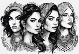 Three women's faces next to each other. The woman on the left a young woman18yo, the middle  is a mother40 yo the right is a grandmother 70yo tattoo idea