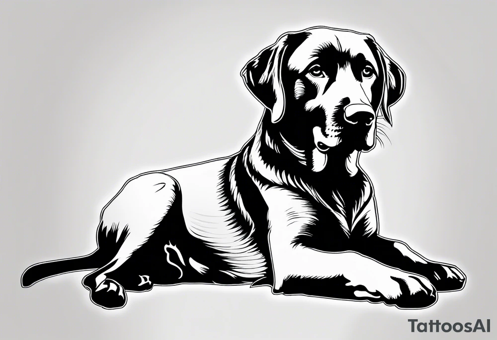 Generate a simple tattoo of a sitting Labrador Retriever, focusing on its friendly face and expressive eyes in a minimalist style tattoo idea