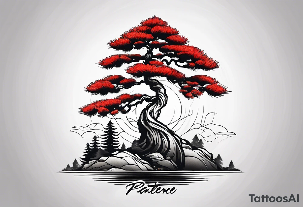 a single pine tree with one small poppy in front and the korean word for patience tattoo idea