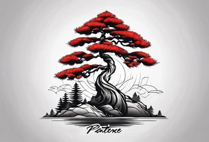 a single pine tree with one small poppy in front and the korean word for patience tattoo idea