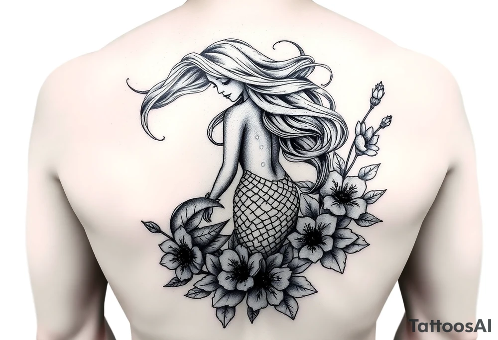 ethereal mermaid with flowing hair among coral and sea flowers tattoo idea