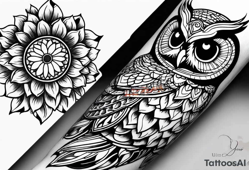 Arm sleeve with colorful sunflowers and an owl tattoo idea