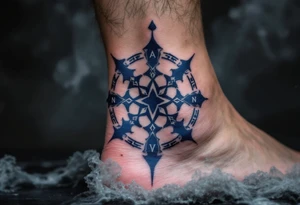 A navy blue bind rune formed from Norse protection runes, set against smoky gray shadows. tattoo idea