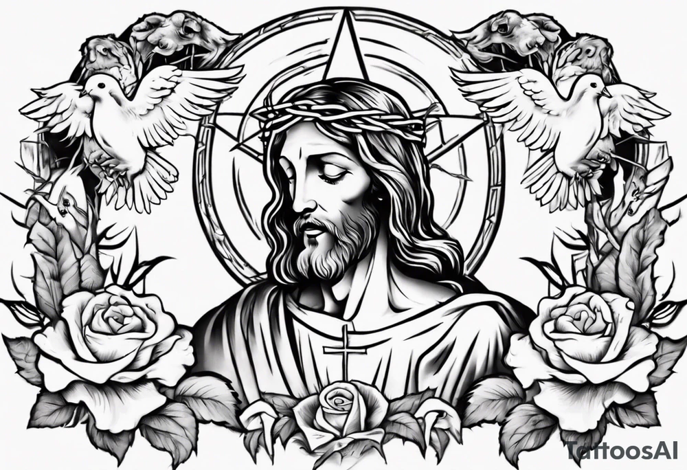 Jesus with thorns and crying, doves, lambs, tattoo idea Jesus with thorns and crying, doves, lambs, tattoo idea