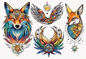 fisch, fuchs und eule , symetrie  sonne, universum, bunt, " sapere aude" tattoo idea