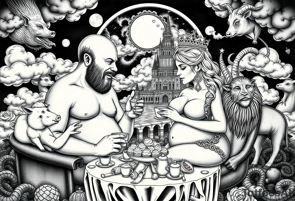 Naked Man and fat woman having sex eating cupcakes and  fruit  having sexy naked fat lady having a tea party with tea pots  swith fancy castle  
with mystical  a pigs, peacock,  lion, goat, noose and smoking cigerettes looking in the mirror thru storm clouds and broken hearts and darkness and wrath, envy , gluttony, greed, sloth, pride . Gothic tattoo idea