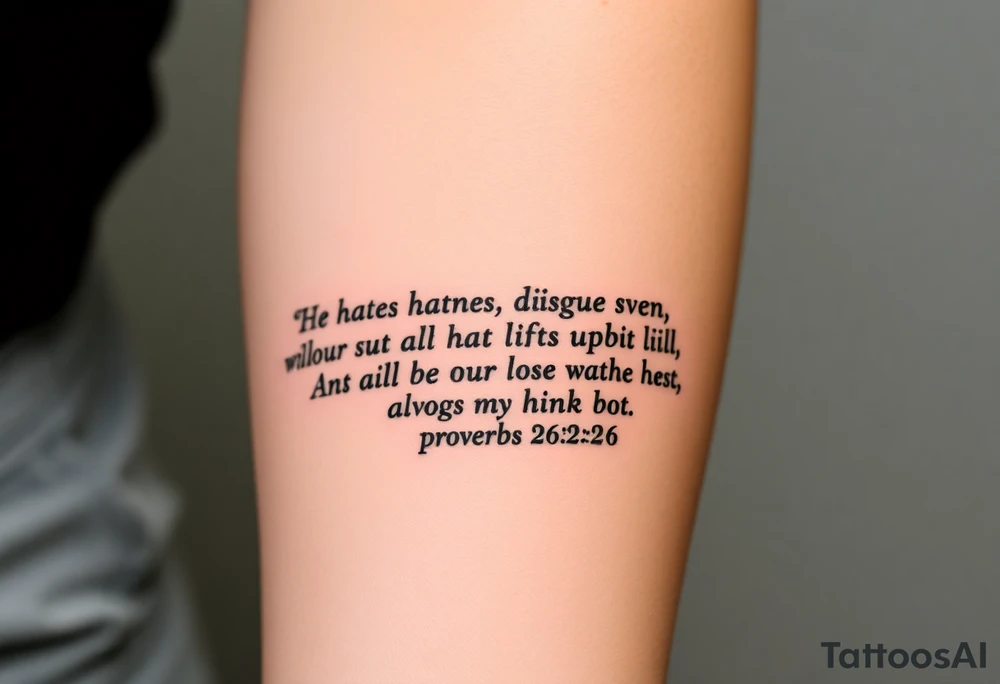 proverbs 26:25-26 He who hates, disguises it with his lips, And lays up deceit within himself,Their hatred may be concealed by deception, but their wickedness will be exposed in the assembly tattoo idea