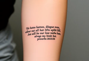 proverbs 26:25-26 He who hates, disguises it with his lips, And lays up deceit within himself,Their hatred may be concealed by deception, but their wickedness will be exposed in the assembly tattoo idea