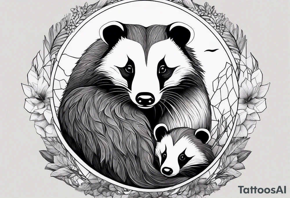 A badger with a cub in nature, realistic in center and getting more trippy towards the edges tattoo idea