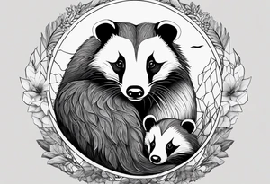 A badger with a cub in nature, realistic in center and getting more trippy towards the edges tattoo idea