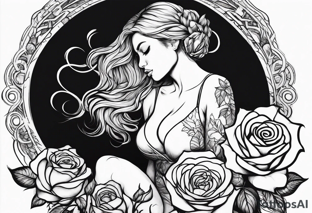 Bloomed rose with female body, kneeling tattoo idea