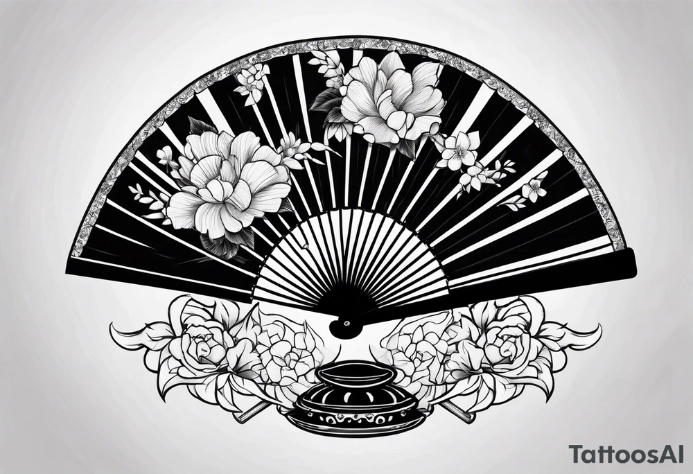 All Black Japanese fan with flowers behind it tattoo idea