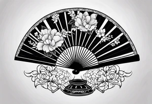 All Black Japanese fan with flowers behind it tattoo idea
