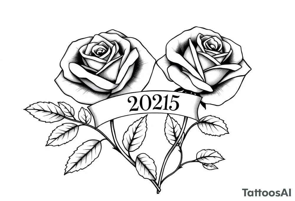 two beautiful large rose buds, one larger than the other, with many leaves next to the rose buds, with one sitting higher than the other. Include a banner connecting the two roses with the year "2025" on it.   Use dark outlines with little shading. The two stems should be short, not long, and connect and join into one stem, whimsically curved or twisted - not straight down. tattoo idea