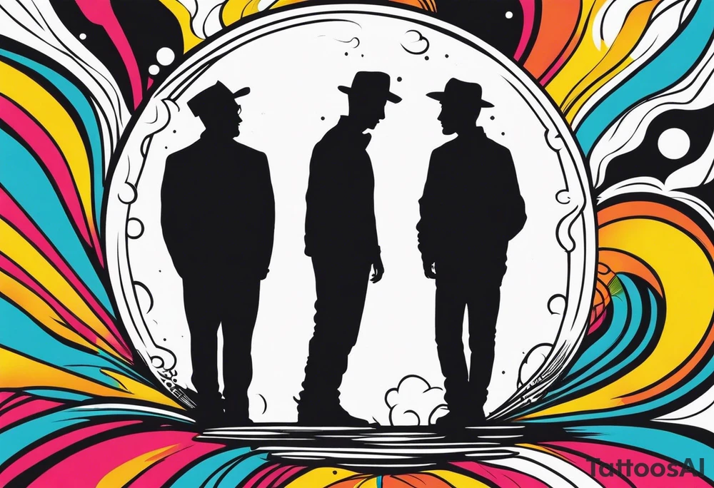 2 black shadows of people standing over 2 dead siloets tattoo idea