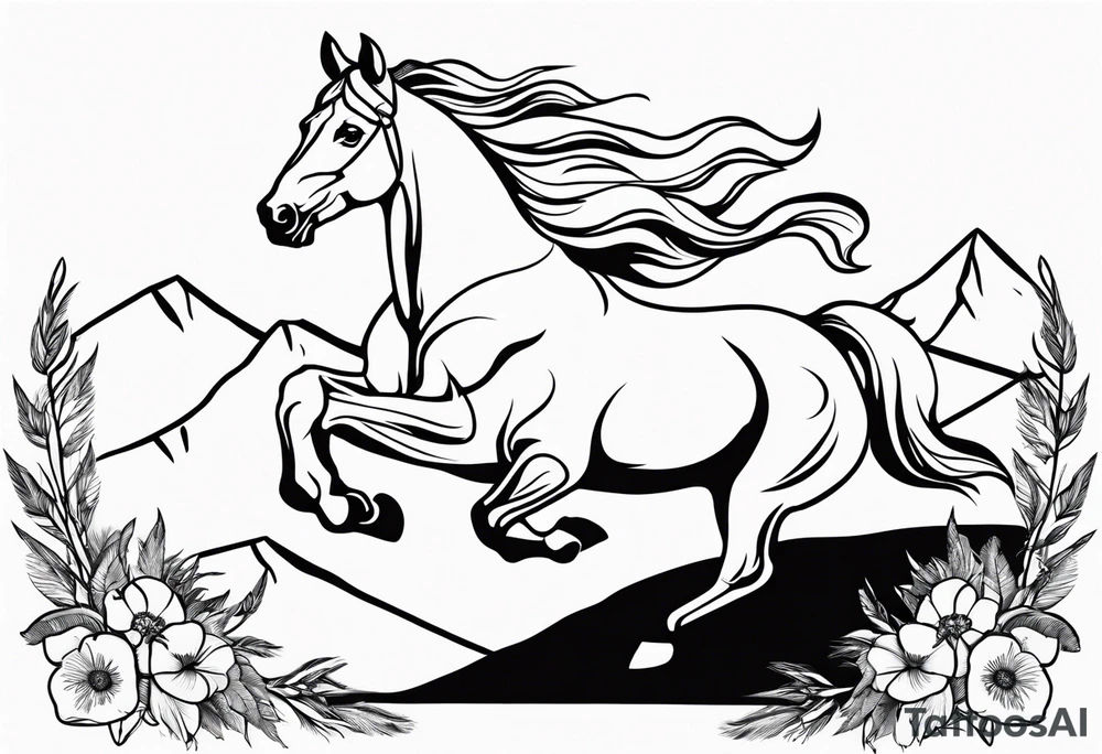 bucking horse, mountains background, feather, flowers, western tattoo idea