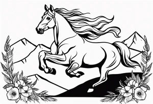 bucking horse, mountains background, feather, flowers, western tattoo idea