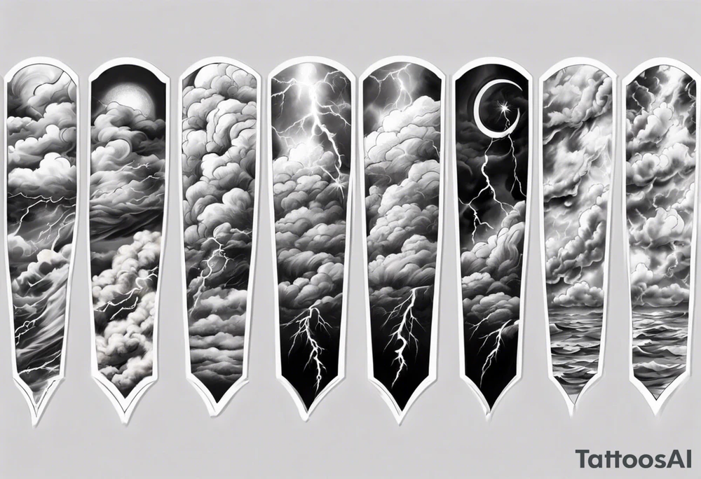 forearm sleeve lightning and clouds pattern tattoo idea