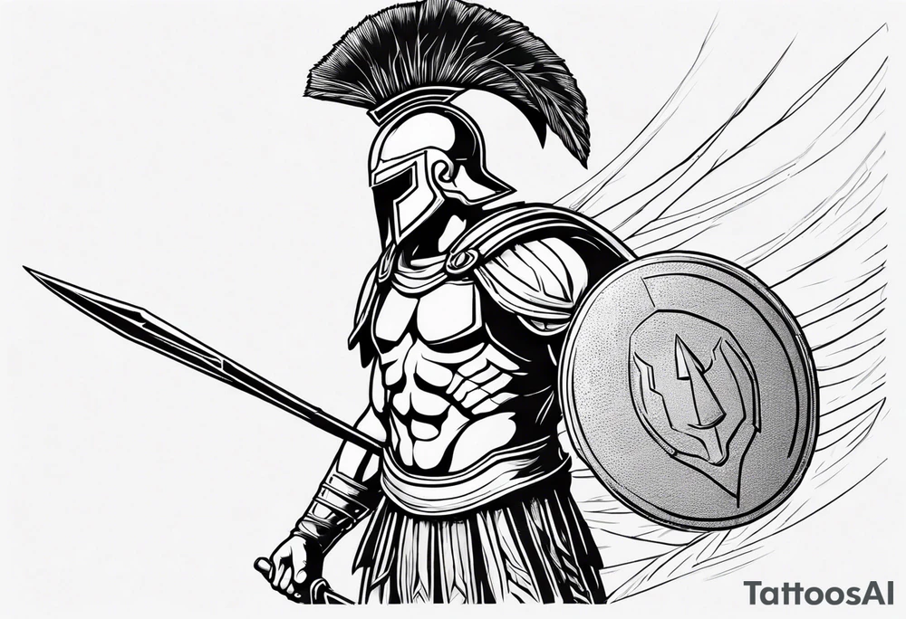 rectangular landscape format ultra-fine line linework vector of a spartan from the side, spartan spear, spartan shield, laurel wreath tattoo idea