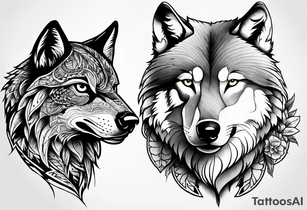 Hawk and a Wolf, Nature Scenery, and names Grayson, Bennett, Layden, Xavian, Amelia, Braxton tattoo idea