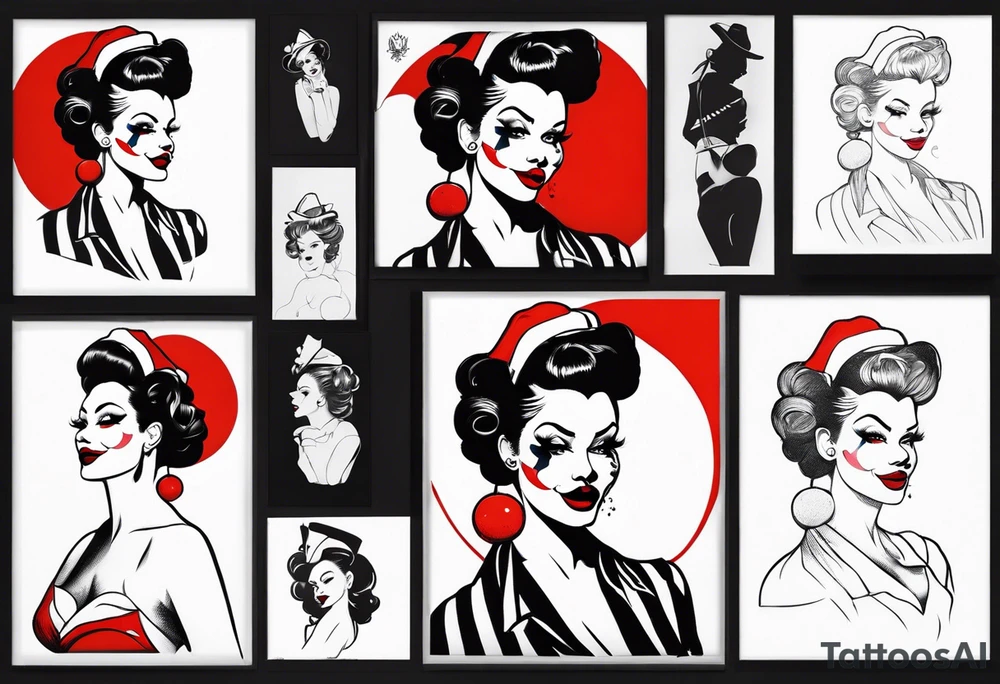 pin up style clown woman full body tattoo idea