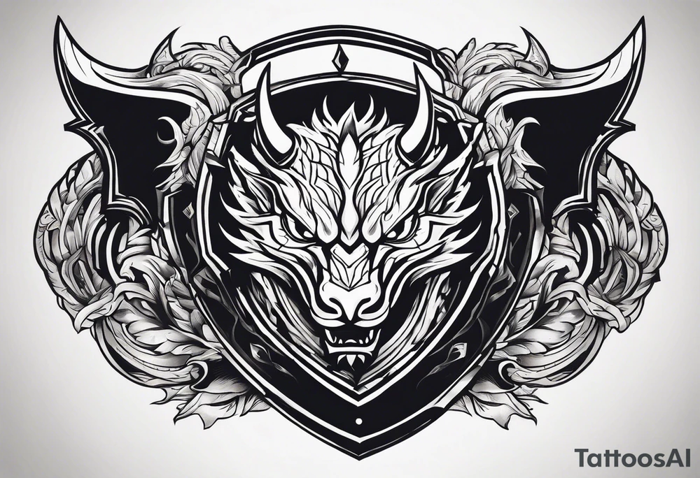 Valhalla sword shield dragon head muscle tattoo idea