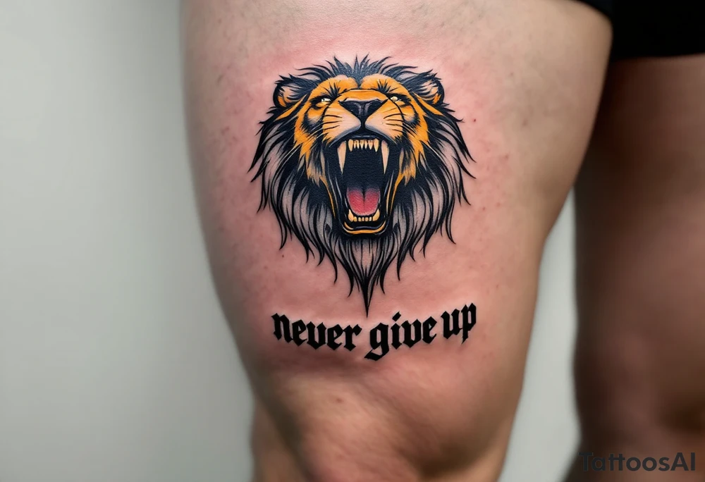 A black and gold lion's face roaring above the words "never give up" in bold block letters. tattoo idea