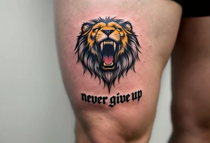 A black and gold lion's face roaring above the words "never give up" in bold block letters. tattoo idea