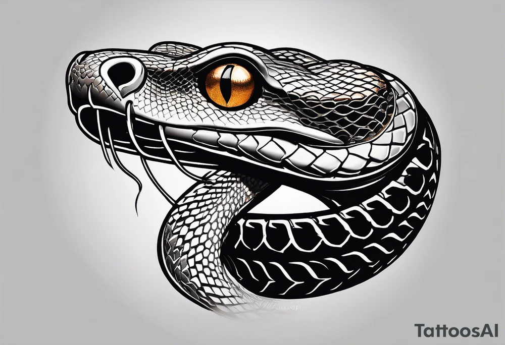 black and white drawing of a snake head with copper eyes an open mouth with mountain bike tire tread tattoo idea
