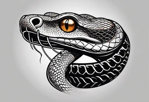 black and white drawing of a snake head with copper eyes an open mouth with mountain bike tire tread tattoo idea