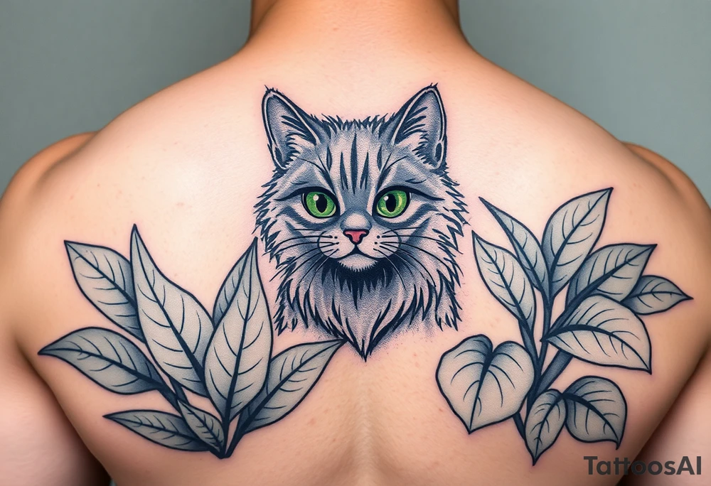 Minimalist cartoon style tattoo of along haired grey cat with green eyes surrounded buy house plants with huge green leaves tattoo idea