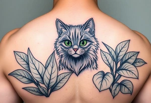 Minimalist cartoon style tattoo of along haired grey cat with green eyes surrounded buy house plants with huge green leaves tattoo idea