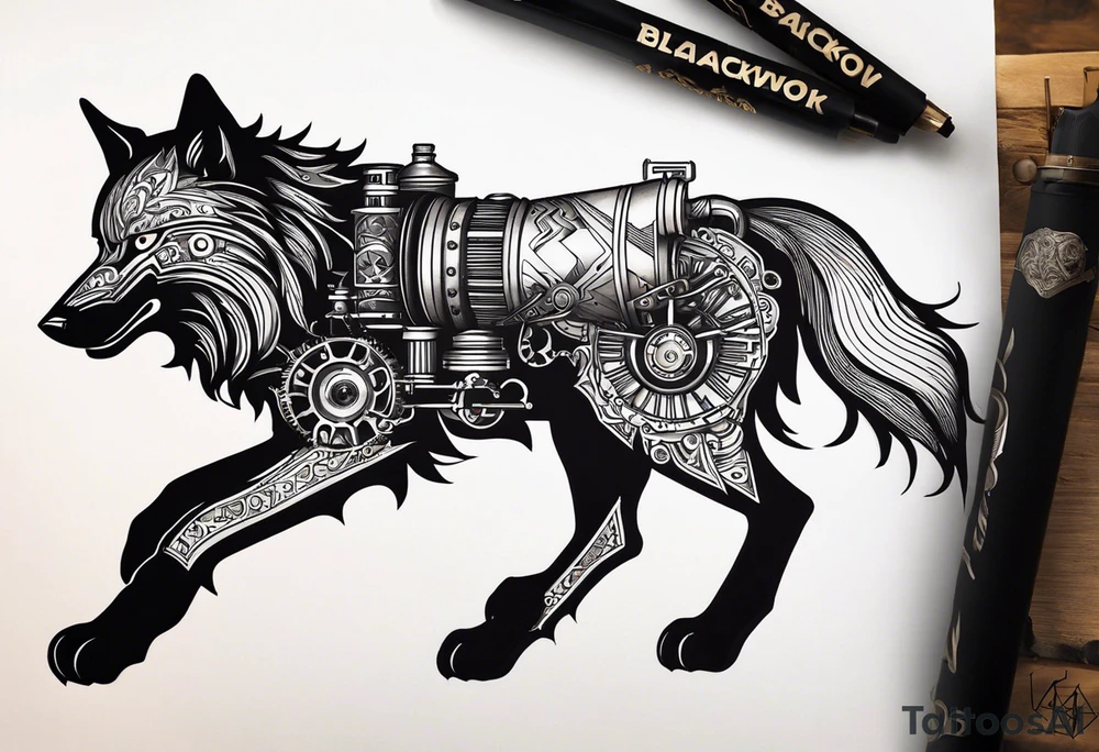 Powerful wolf powered by an engine featuring an "steampunk desing" in the image appears a psiton and a turbo, also the dseign must be vertical. Also, the desing must be minimalistic not saturated. This tattoo will be included in my leg tattoo idea