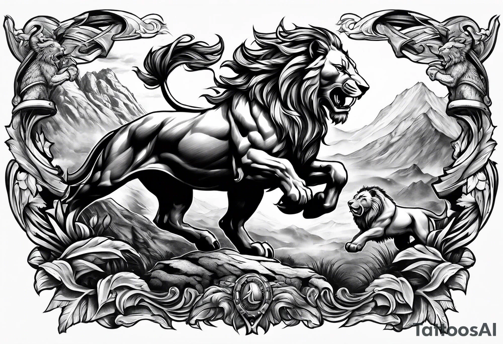 Spartan lion battle scene tattoo idea