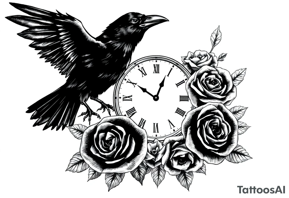 raven,roses,clock. tattoo idea