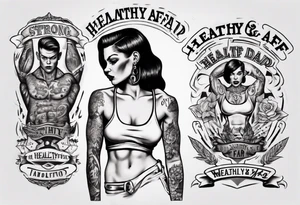 Strong tattooed woman with the words healthyAF underneath her in old school font tattoo idea