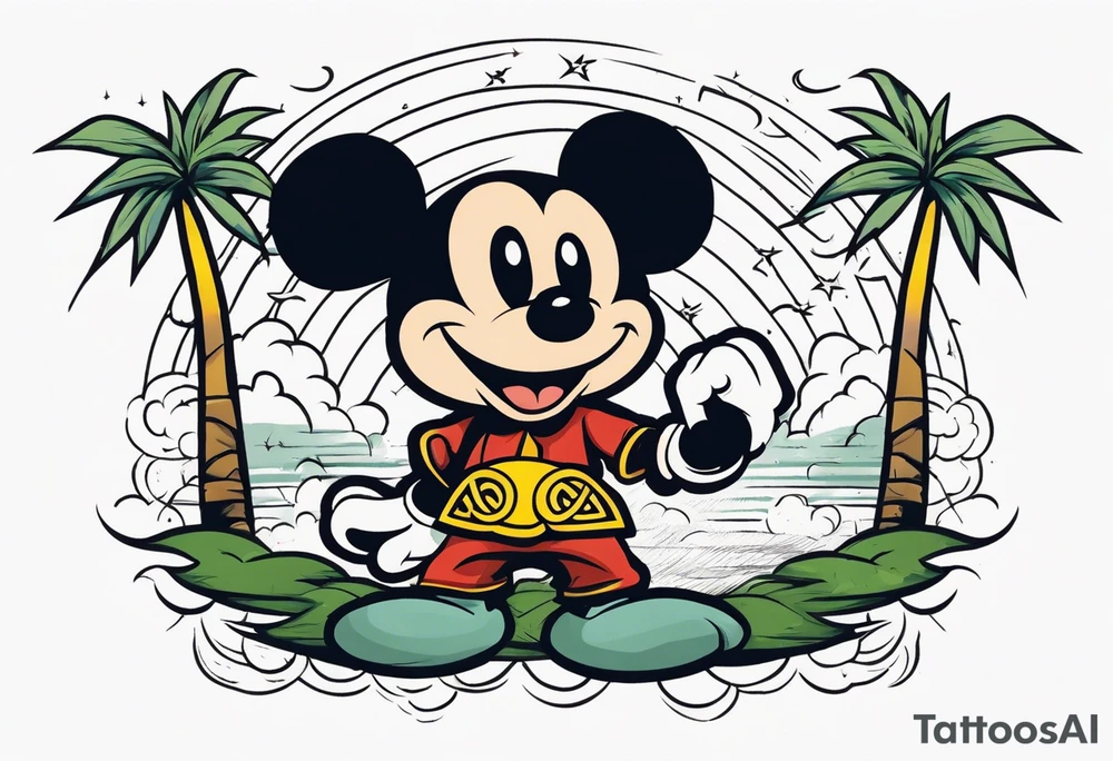 mickey mouse doing martial arts with palm trees, lightning storm and the celtic symbol for family tattoo idea