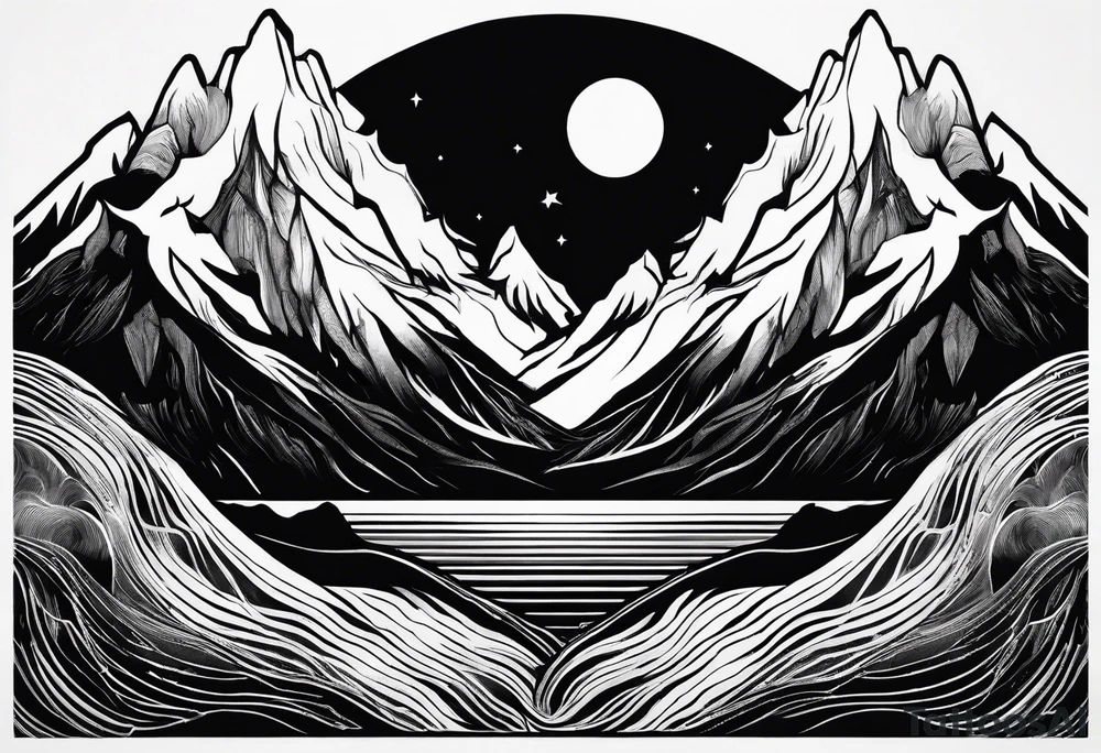 A world that is upside down including Mountains and a moon that drips down tattoo idea