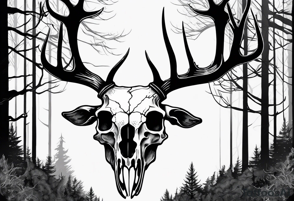 A SCARY side view of a decayed deer skull NO SKIN JUST BONE surrounded by a forest fire in background tattoo idea