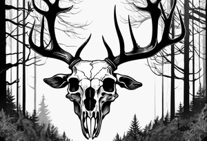 A SCARY side view of a decayed deer skull NO SKIN JUST BONE surrounded by a forest fire in background tattoo idea