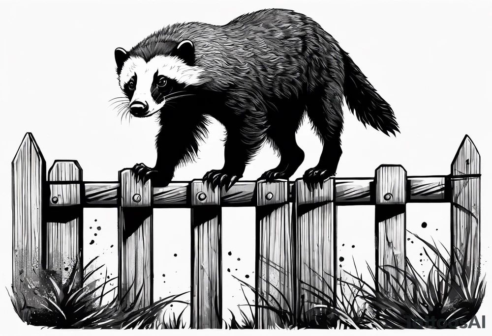 honey badger climbing-over, claws, behind, on its back legs, looking over fence tattoo idea