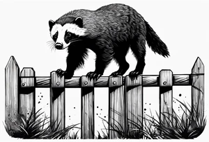 honey badger climbing-over, claws, behind, on its back legs, looking over fence tattoo idea