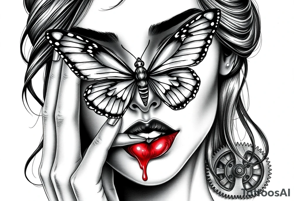 Black and grey realism tattoo design of a beautiful woman's face. And a butterfly landing g on her on the upper bridge of her nose so that the lower wings of the butterfly is covering both her eyes  the butterflys right lower wing is covering her right eye and the lower left of the butterfly wing is covering her left eye  (see no evil), she is bitting on her lip hard to where it is bleeding bright red(speak no evil). Wuth her left hand iver her left ear and her right hard over her right ear ( hear no evil )The style is black and grey realism, hyper-realistic, dark, and evil. Incorporate ninja gear elements and mechanical details (gears) subtly into the background or clothing for a gear ninja evil look. Design for a full forearm sleeve placement tattoo idea