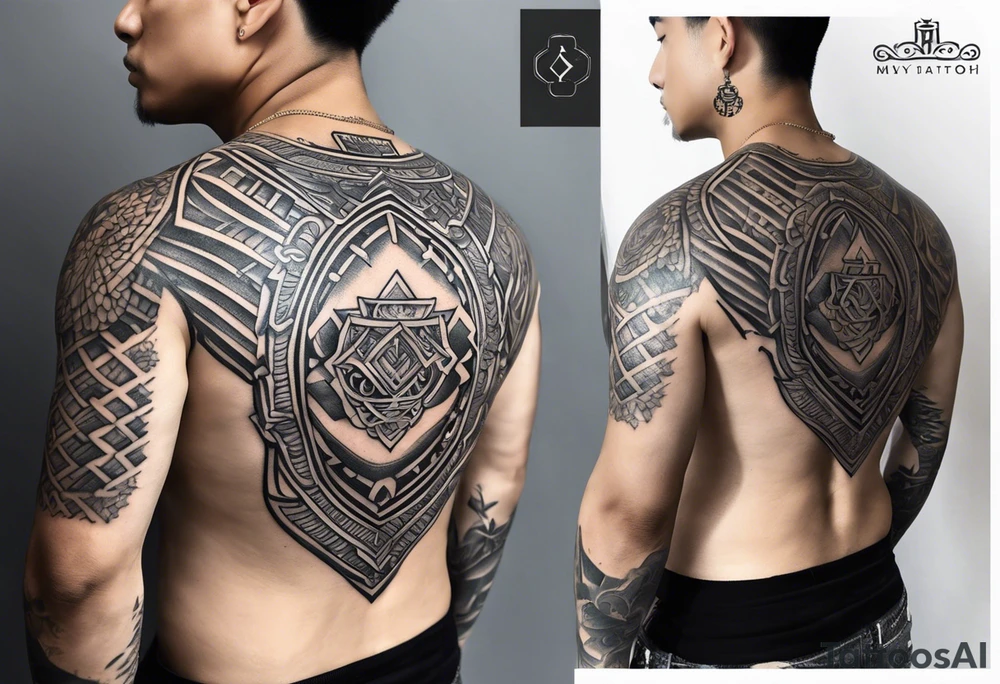 A simple tattoo that is placed on the upper back of a male. It should represent muay thai, discipline, pain and temple tattoo idea