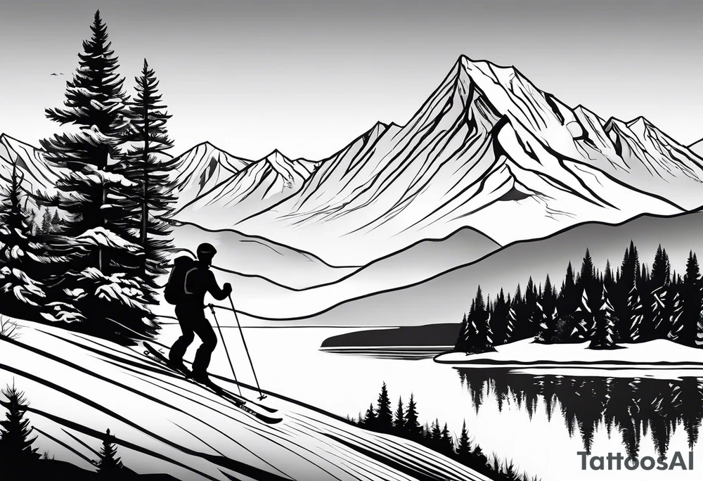 snow skier coming down mountain in distance with trees and mountains and lake at bottom tattoo idea
